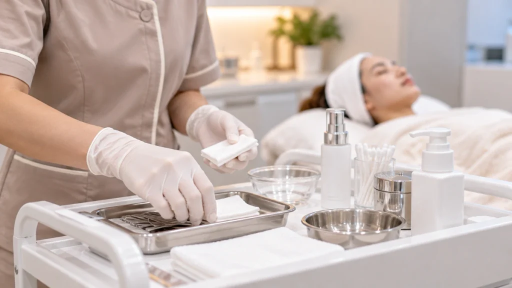Persiapan perlengkapan treatment wajah di klinik kecantikan Fabella